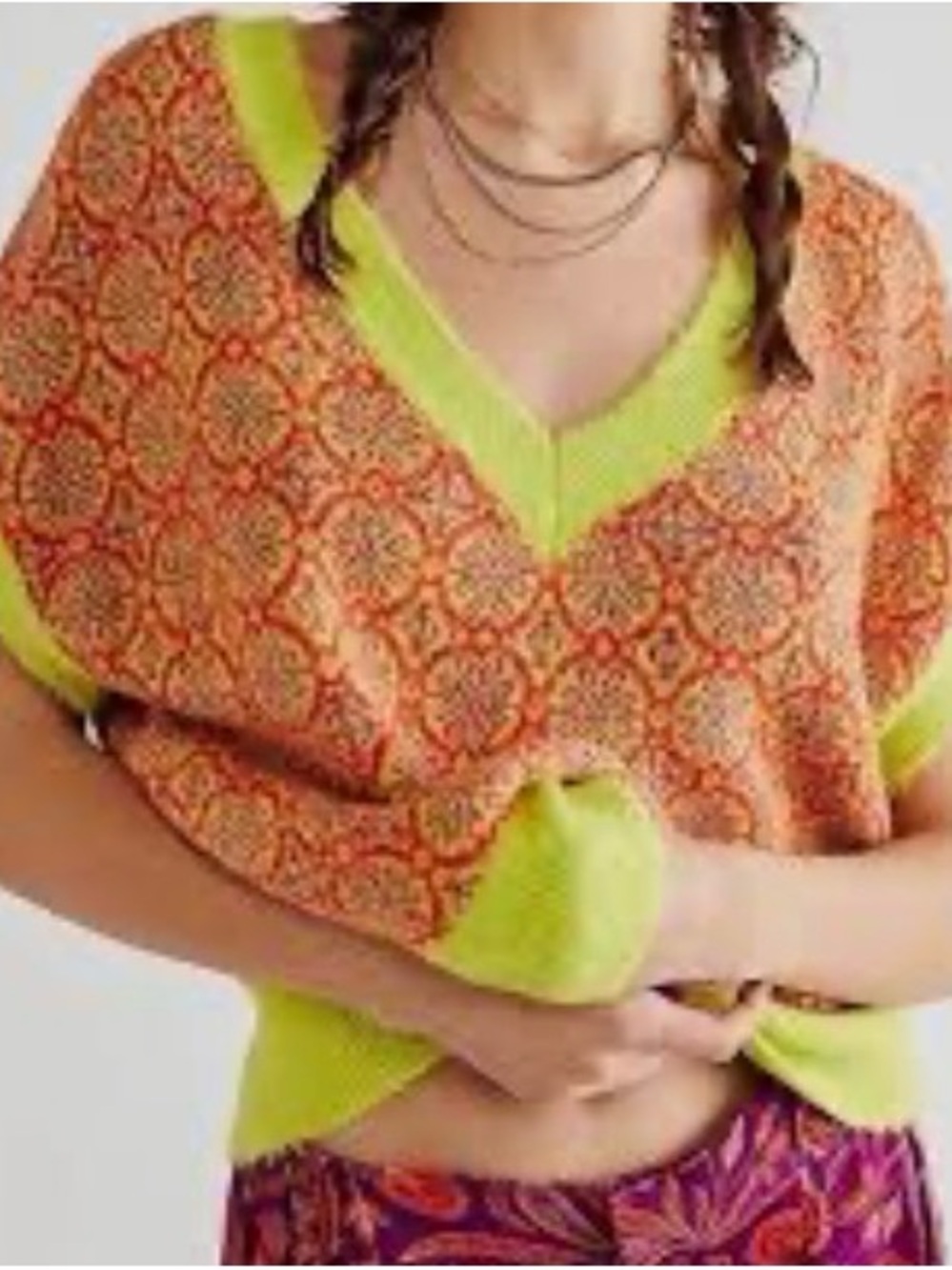 Free People Bright Orange Patterned V-Neck Sweater with Lime Trim
